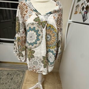 Camille & Co Beige floral Top 100% Linen Relaxed Size m Women's